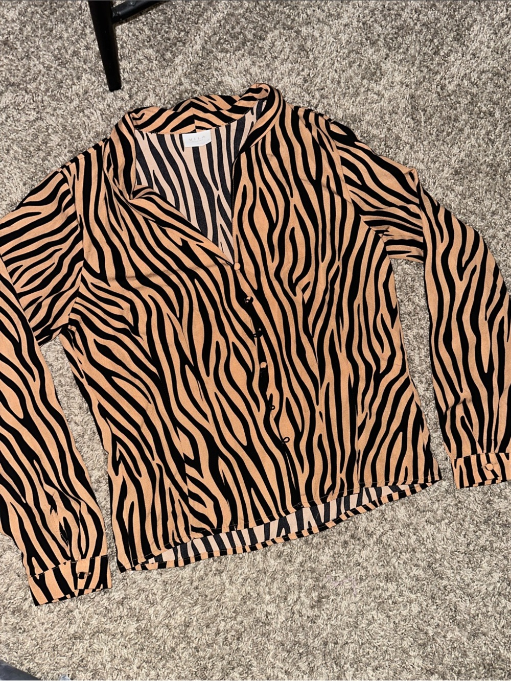 VILA Tan and Black Zebra-Stripe Button-Down Blouse